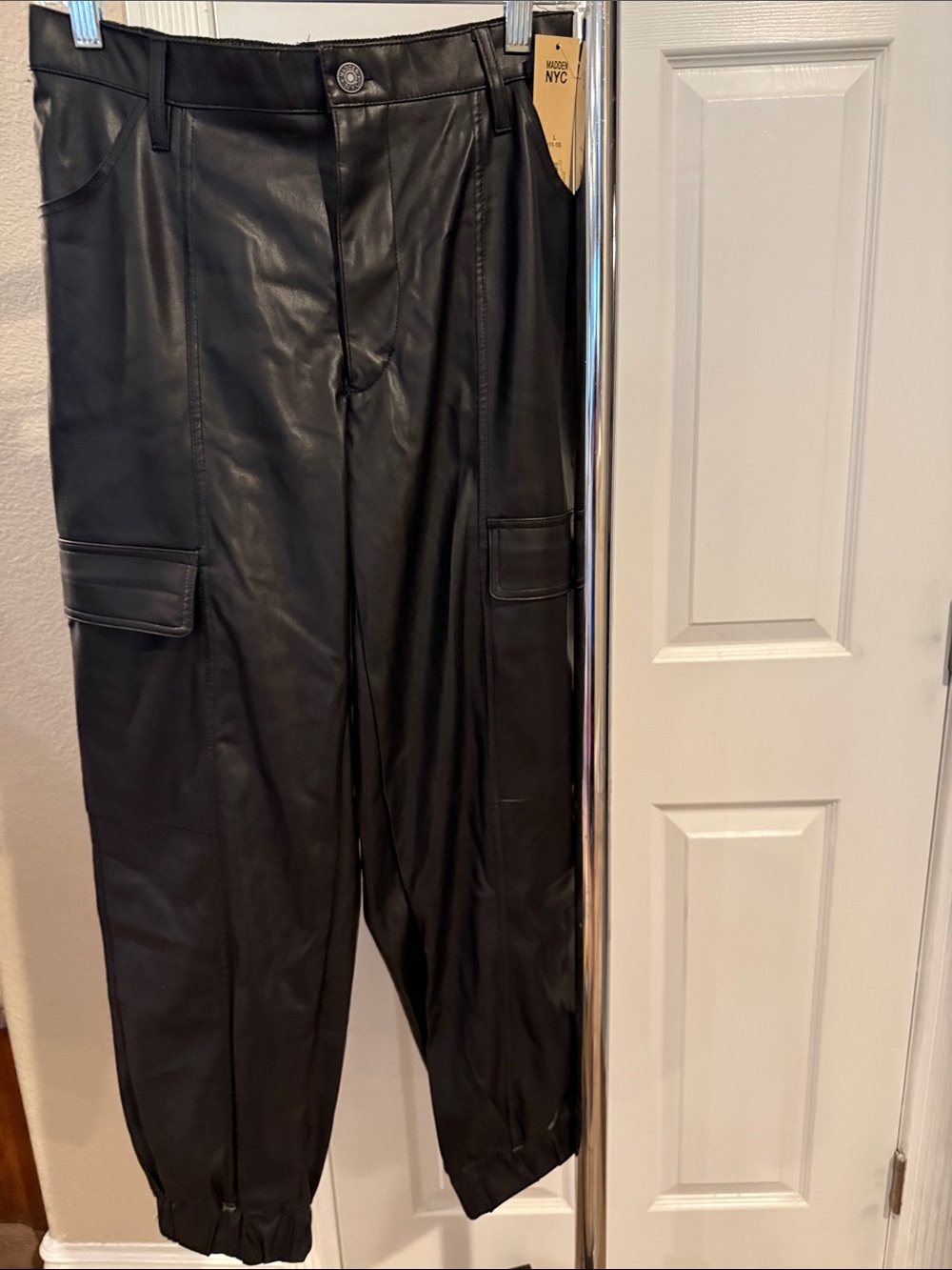 Men's Black Faux Leather Cargo Pants with Utility Pockets